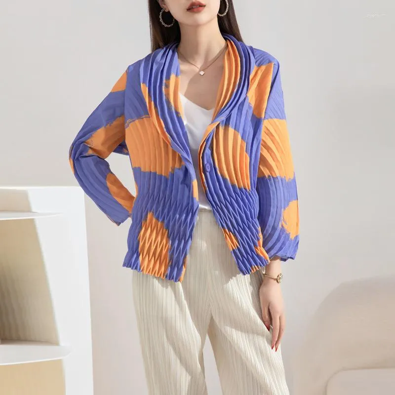 Women's Jackets Miyake Pleated Bat Short Women 2023 Spring Summer Printed Coat Handmade Suit One Button Outside Wear