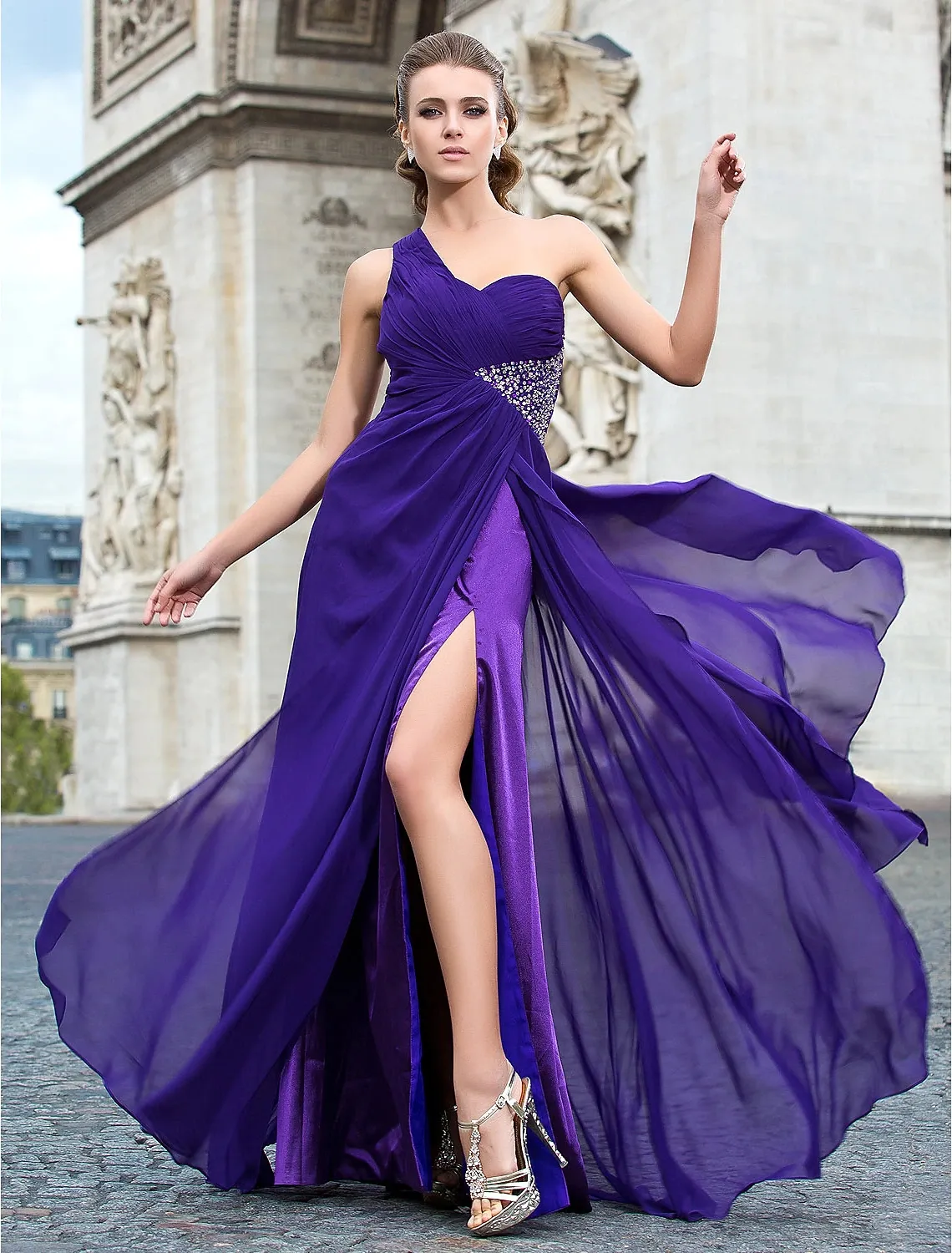 Purple A-line One-Shoulder Chiffon Prom Dress with Beaded Embellishments  and Side Split from Dhgate Evening Dresses