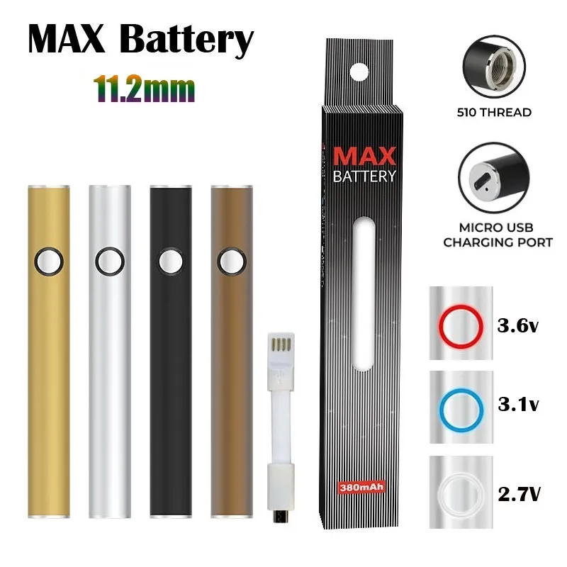 Authentic Max Battery 11.2mm Diameter Cartridge Batteries 380mAh Preheat Voltage VV Vape Pen for 510 Carts