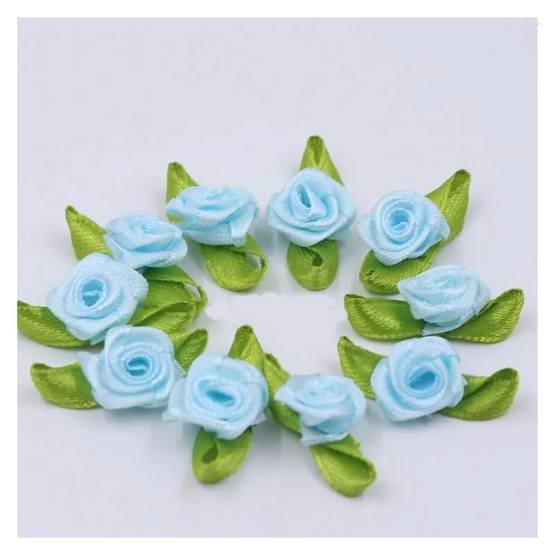 Flores decorativas 200pc Mini cabeças artificiais de cetim Rosas de fita artesanal artesanal feita para apliques de casamento Caixa de decoração de decoração de decoração