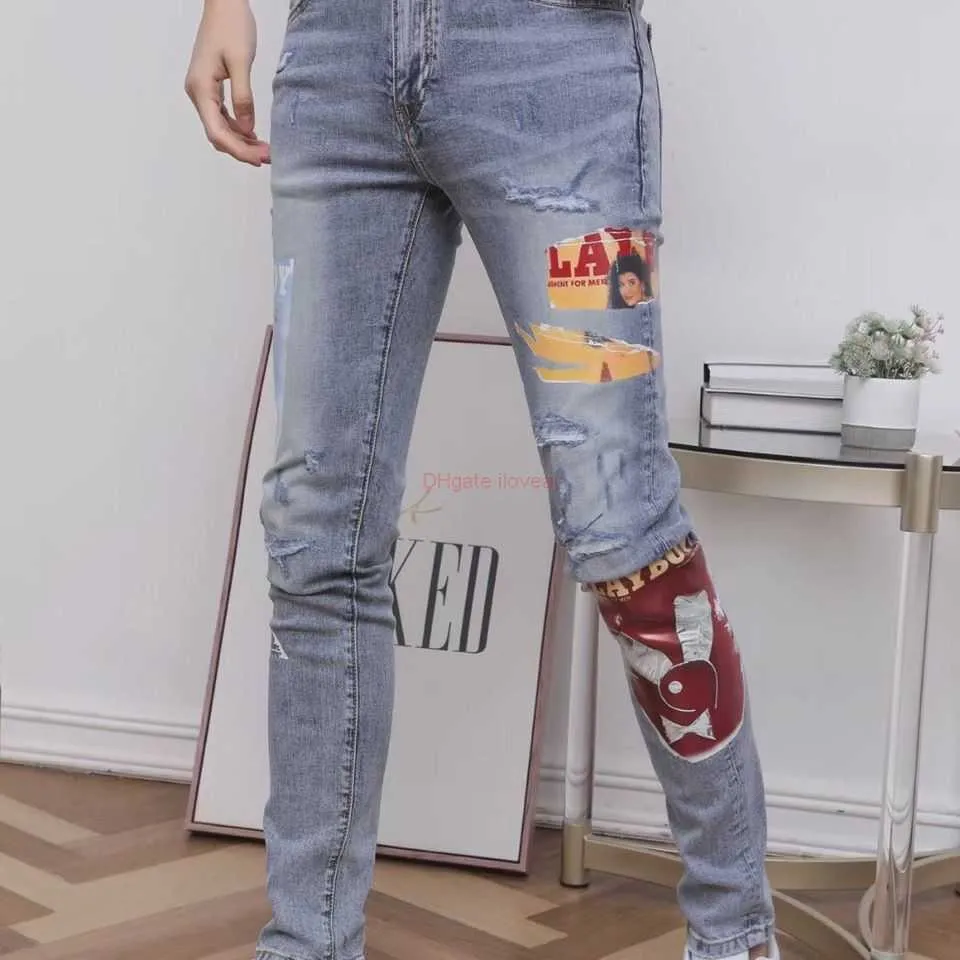 디자이너 의류 Amires Jeans 데님 바지 남성 디스트레스드 진 Amies 하이엔드 마이크로 탄성 스트레이트 핏 프린트 대학 성장 바지 트렌드 디스트레스드 찢어진 스키