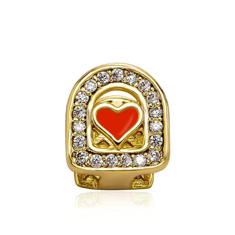 Gold Silver CZ Bling Grillz Micro Setting CZ Red Heart Teeth Grills Tooth Cap Hip Hop Dental Mouth Teeth Braces for Men Women