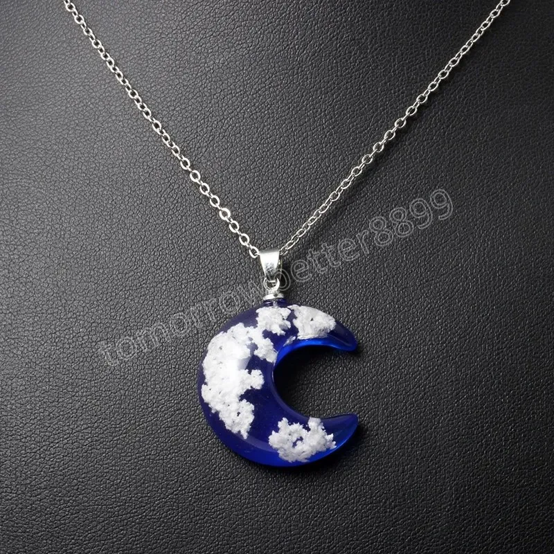 Cristal Verre Collier Lune Pendentif Bleu Ciel Blanc Nuage Transparent Résine Lune Pendentifs Colliers Femmes Mode Bijoux Cadeau