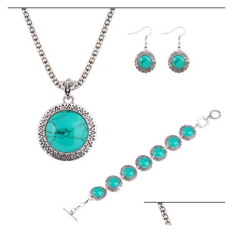 Bracelet Boucles D'oreilles Collier Femmes Perles Rondes Tibétain Sier Turquoise Bracelet Ensemble Gstqs004 Mode Cadeau Style National Femmes Diy Dh7Xp