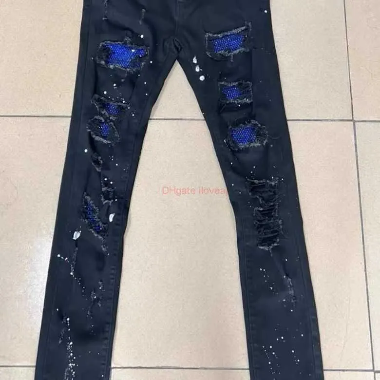 Roupas de grife Amires Jeans Calça jeans High Street Fashion Brand Amies Blue Diamond Speckled Ink Perfurated Ink Jeans for Men Bonito Lavado Velho Elástico Slim Fit S
