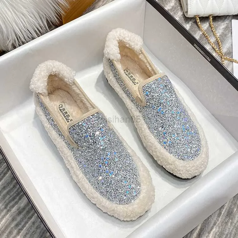 Dress Shoes 2022 Goud/zilveren glitter Winter dames bontflats Warm lamswool Loafers vrouwen dikker Soled Sneakers pluche katoenen laarzen y23