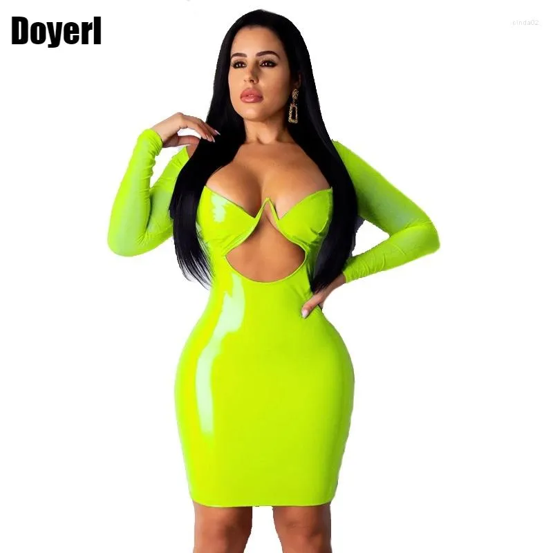 Abiti casual Sexy Abito in pelle PU Donna Autunno Manica lunga Bodycon Party Elegante Patchwork in rete Neon Mini Short Bandage Club