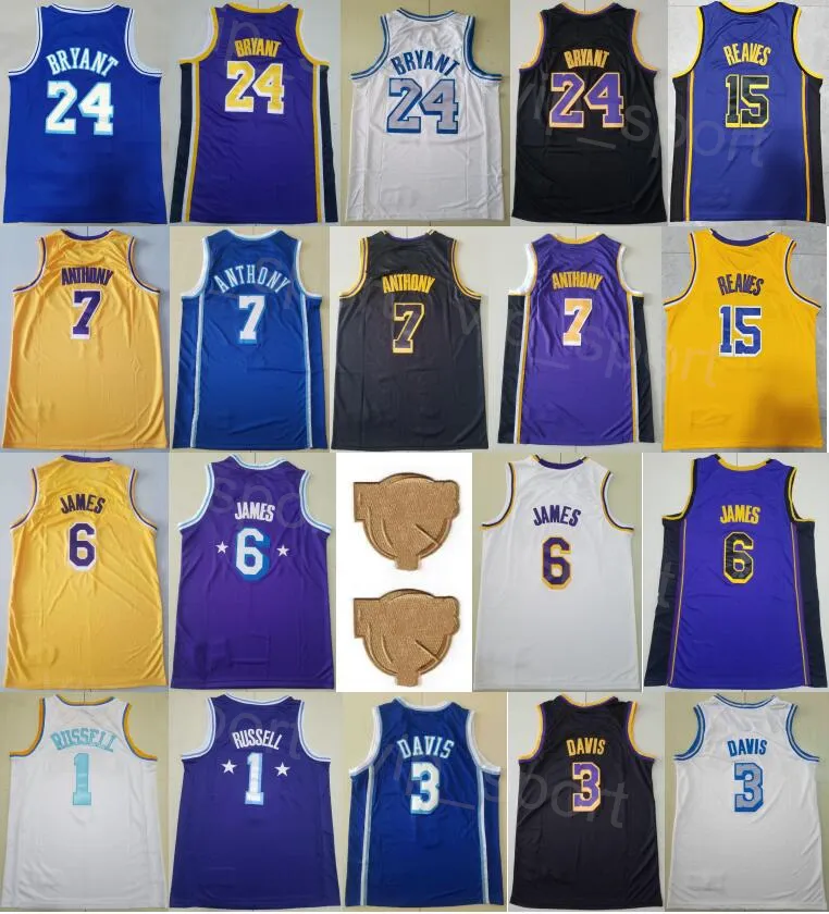 Masculino Basquetebol LeBron James Camisola 6 Davis 3 Carmelo 7 Austin Reaves 15 DAngelo Russell 1 Bryant Camisa Todos Costurados Cor da Equipa Desporto Roxo Azul Preto Branco