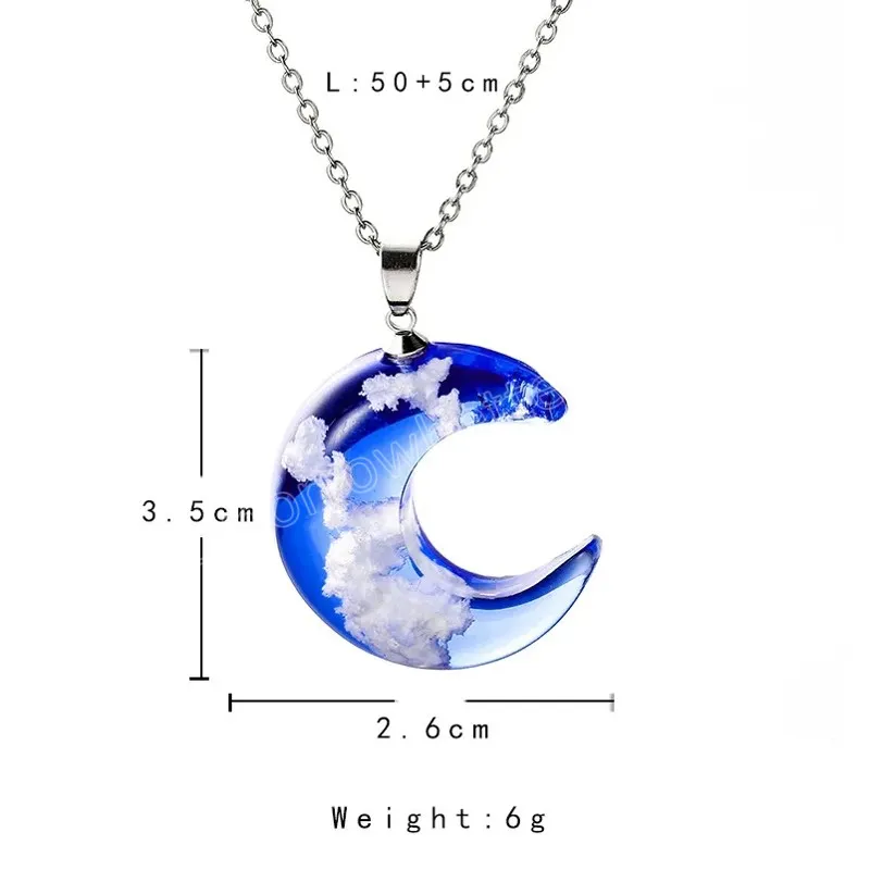 Cristal Verre Collier Lune Pendentif Bleu Ciel Blanc Nuage Transparent Résine Lune Pendentifs Colliers Femmes Mode Bijoux Cadeau