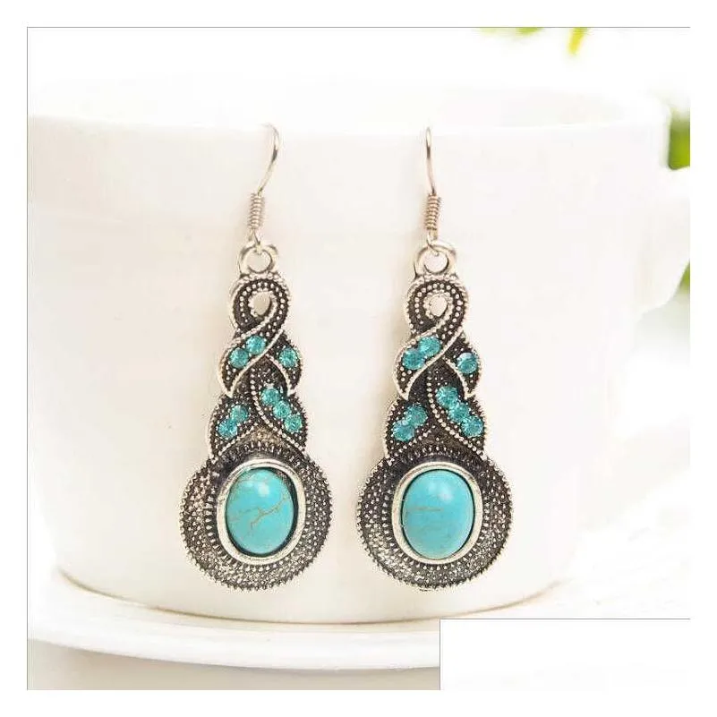 Dangle Lustre Femmes Cristal Gourde Tibétain Sier Turquoise Boucles D'oreilles Gstqe004 Mode Cadeau Folkcustom Femmes Diy Boucle D'oreille Goutte Del Dhdl0