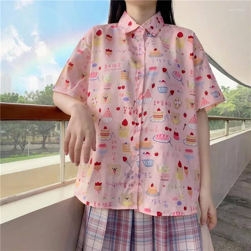 Camisas casuais masculinas kawaii bolo de morango impressão de manga curta tops femininos fofos camisas mujer japonês verão mulher doce lolita blusas rosa