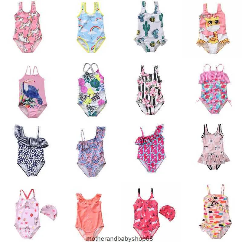 33 stijlen Hot Kids Cartoon Horse Floral One-Pieces Swimwear Girls Swimsuits Bodysuit Kid Bikini Ruche Beach Sport Baden Pakken Kinderkleding 2-8y