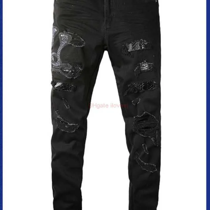 Distressed Black Patched Jeans Mens Slim Fit Denim Pants, Autumn