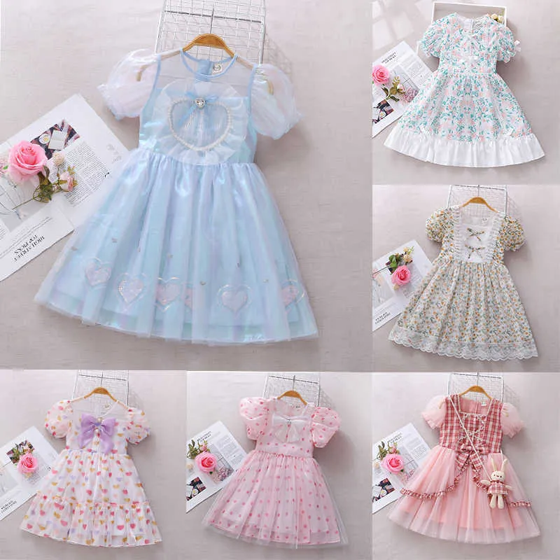 Robes de fille Nouveau Bowknot Filles Casual Baby Sweet Enfants Sérigraphié Princesse Robe Mode Mignon Fantaisie Vêtements Dentelle Mousseline de Soie G220523