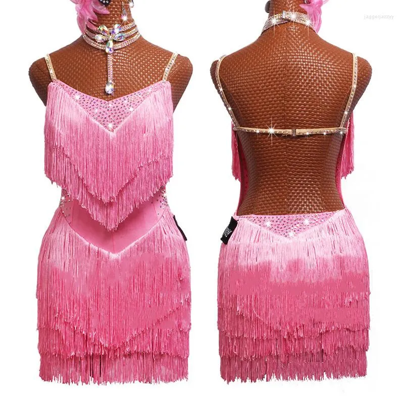 Vêtements de scène robe de danse latine dame Performance filles Gatsby femmes Costume de compétition frange rose BL2555
