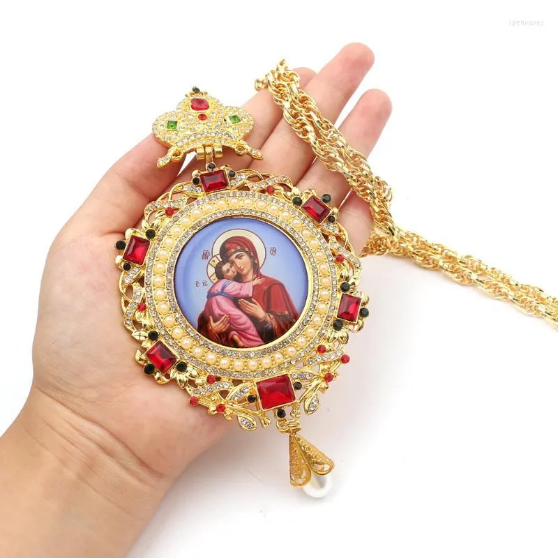 Ketten Jesus Kreuz Anhänger Halskette für Männer Familie Jungfrau Maria Runde Brust Lange katholische religiöse Schmuck