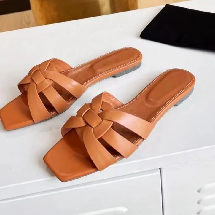 Luxurious Brown Leather Designer Slide Sandals For Women TRIBUTE