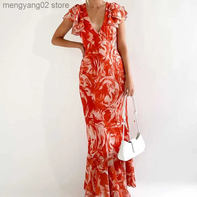 Casual Dresses 2023 New launch of oversized pants French style V-neck short sleeved waistband printed dress T230524