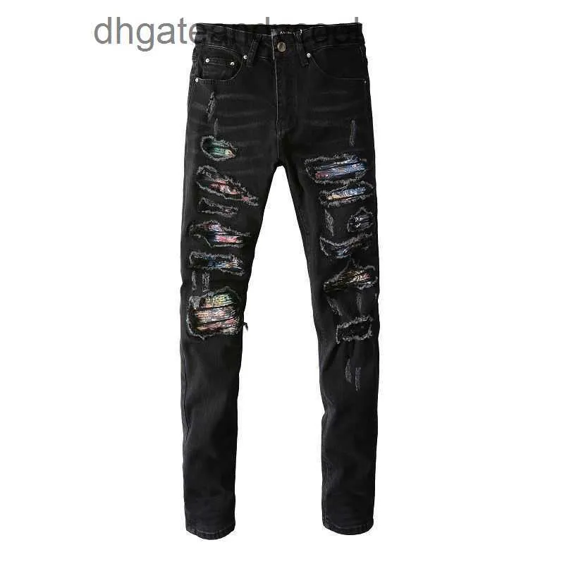 Denim Amiryes Jeans Designer Pantaloni Uomo High Street Fashion Brand Nero lavato Vecchio Big Hole Colore Anacardio Fiore Slim Jeans skinny Uomo 0NNV