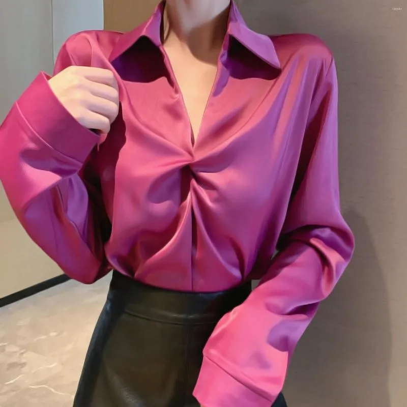 Blouses feminina Retro Pullover uva roxa Manga longa Camisa de cor sólida Camisa feminina e blusa Mulheres lapela chiffon camisas elegantes