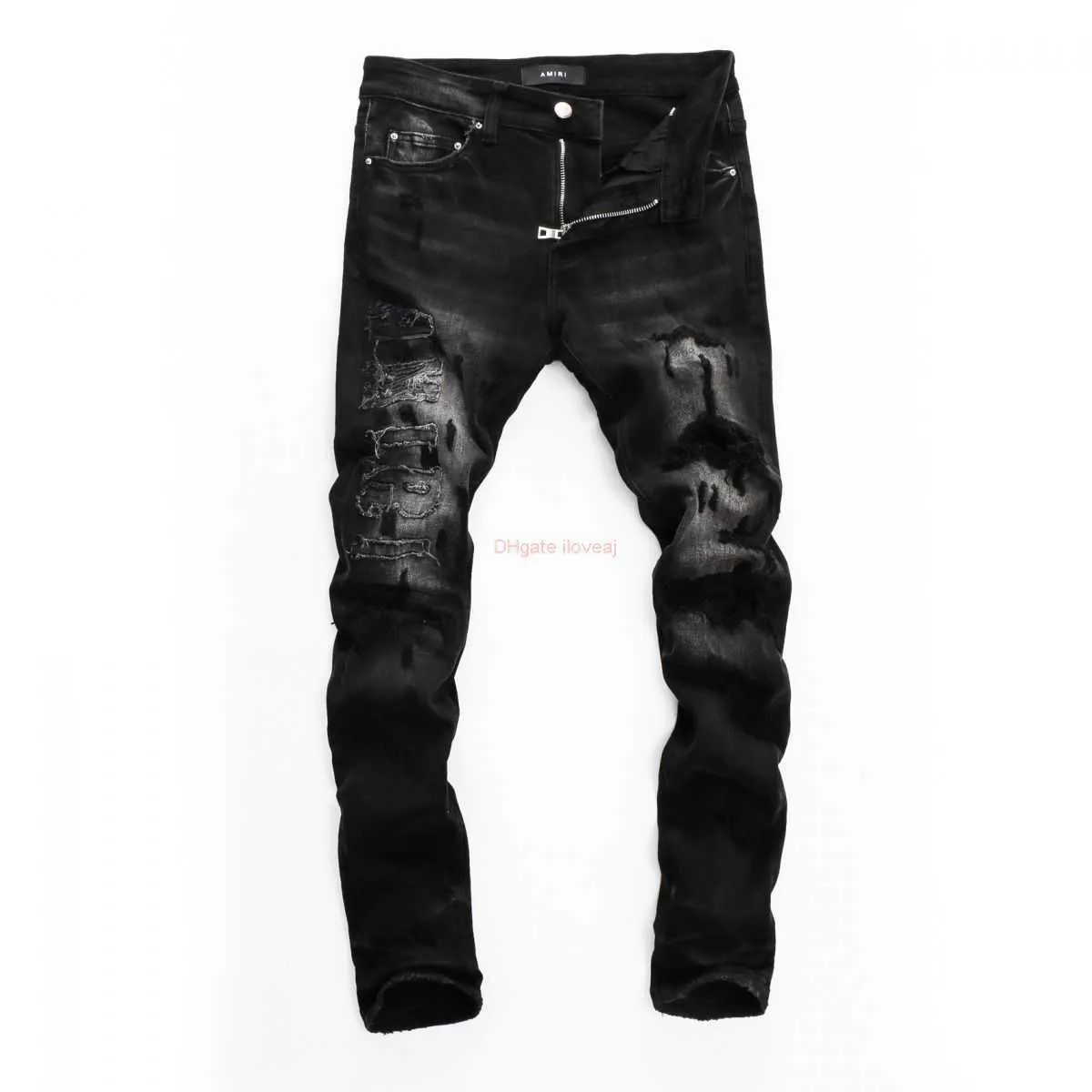 Designer-Kleidung, Amires-Jeans, Denim-Hosen, 2021, Mode, Herren, Amies, Herrenbekleidung, Loch-Patch-Jeans, Jugend, enge, bedruckte Hosen, Loch, Schwarz, Freizeithose, Distressed, Rissige Haut