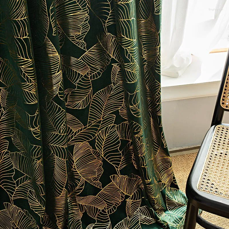 Rideau velours pour salon chambre rideaux de fenêtre feuilles dorées cantonnière vert foncé occultant tringle de poche