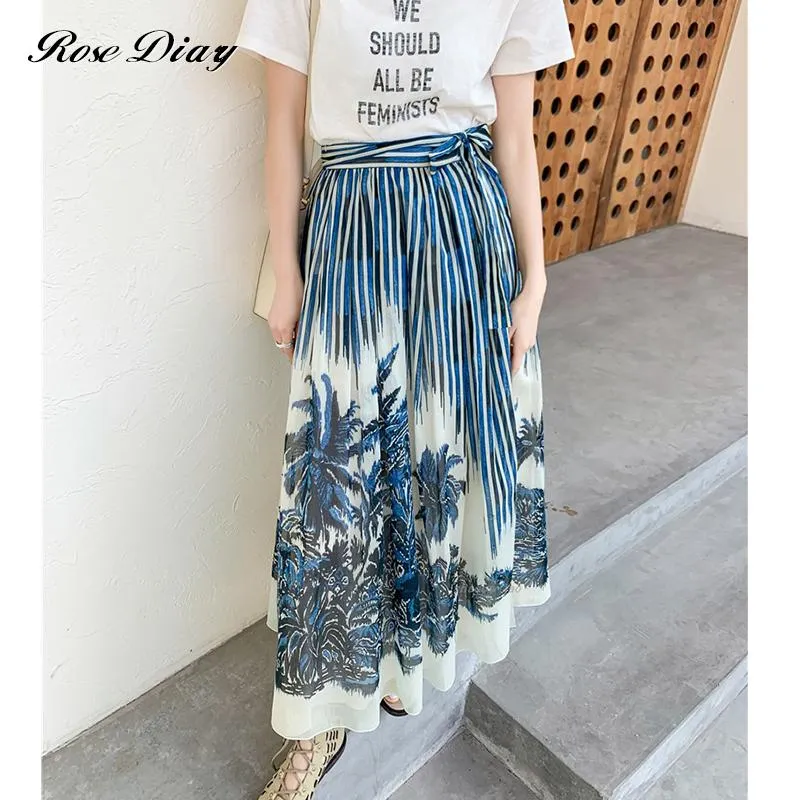Skirts RoseDiary 2023 Fashion Designer Summer Skirt Women High Waist Floral Stripes Printed Vintage Midi Saia