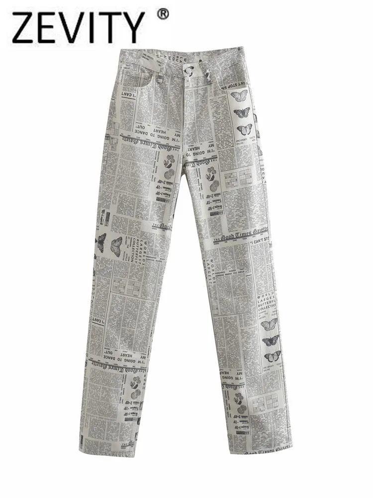 Capis Zevity Kadın Moda Gazetesi Baskı Düz ​​Pantolonları Kadın Şık Fermuarı Sinek Cepleri Yama İnce Uzun Pantolon P303