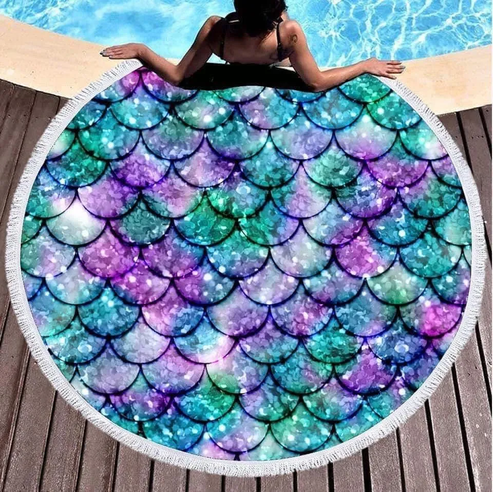 Shining Mermaid Fish Scales Printed Microfiber Beach Handel Bath Sport Swimming Round Beach Handdukar för vuxna Cirkel badfilt