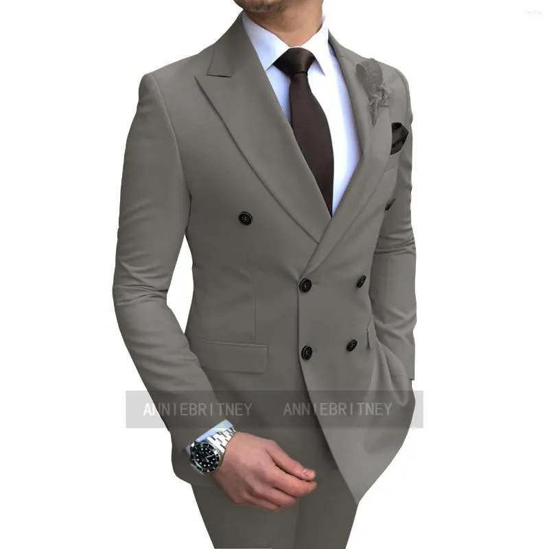 Costumes pour hommes Gris Slim Fit Hommes 2 Pièces Custom Made Casual Business Groomsmen Ivoire Tuxedo Pour Mariage Prom Party Costume Manteau Pantalon Gilet