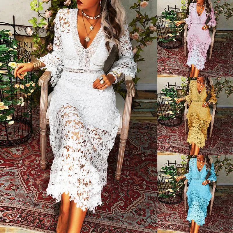 Abiti casual Primavera Estate Pizzo Abito lungo bianco Elegante Lady Robe Femme Chic Elegante Sexy Scollo a V con maniche trasparenti