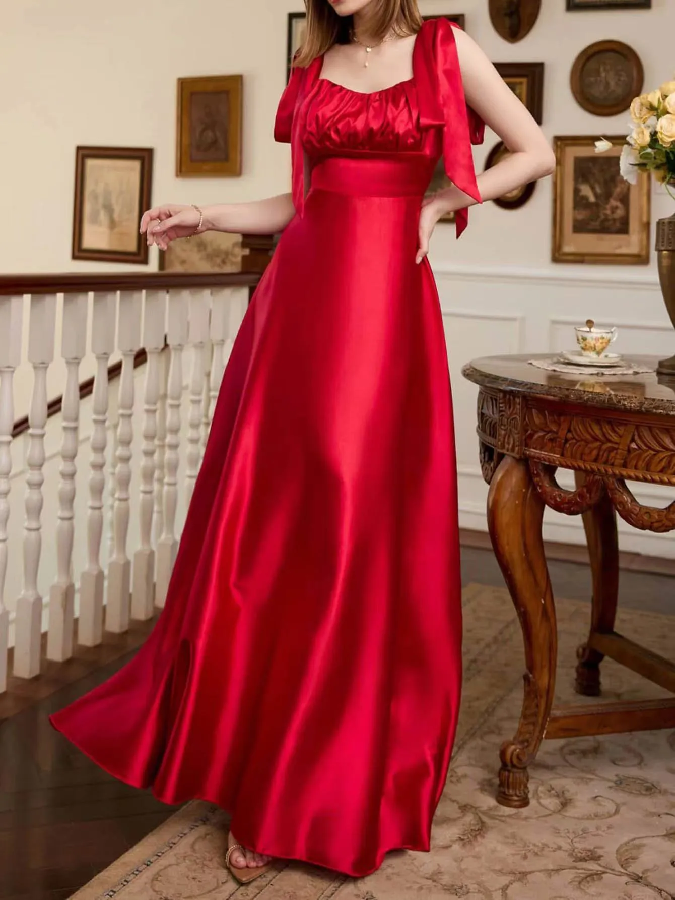 Simple Red V Neck Satin Prom Dress With Ruched Corset... From  Weddingpromgirl, $121.86 | DHgate.Com