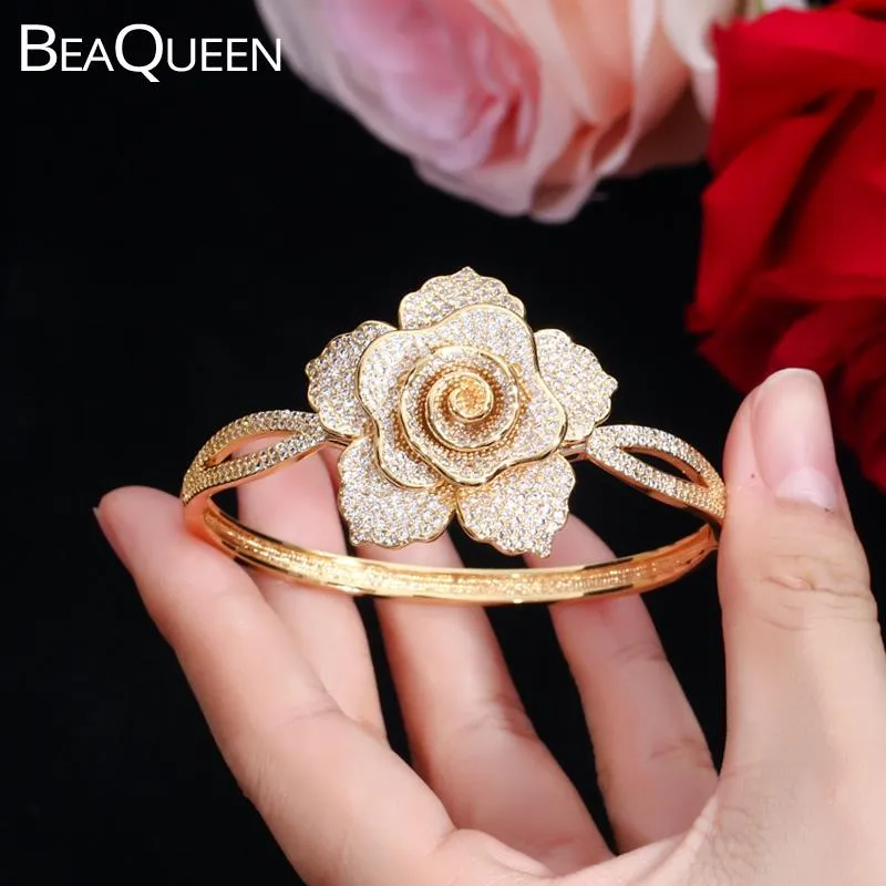 Bangle BeaQueen Nigerian African Gold Color Open Cuff Bangles Elegant Big Flower Micro Pave Cubic Zirconia Stone Women Jewelry B148