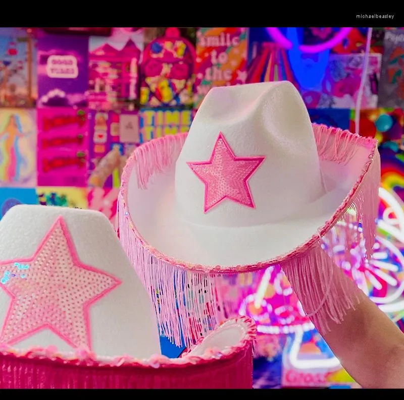 Cappelli a tesa larga Carnevale di Halloween Cappello da cowboy con nappe rosa Stella a cinque punte Western colorato
