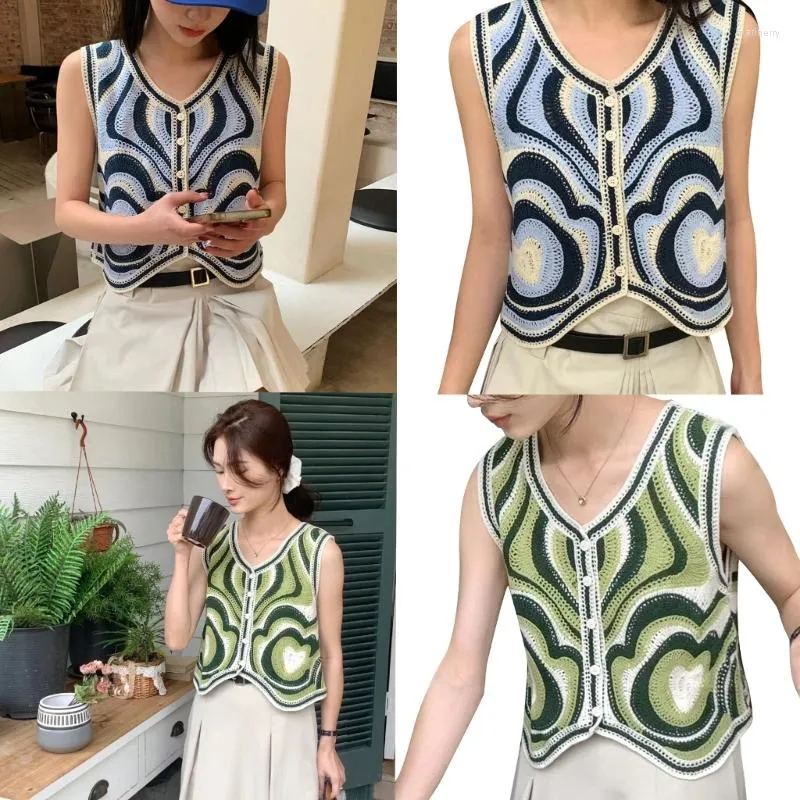 Kvinnors tankar Etnisk stil Travel Top Hollow Out Color Matching Design Vest Sleeveless Woman Teens V Neck T Shirt