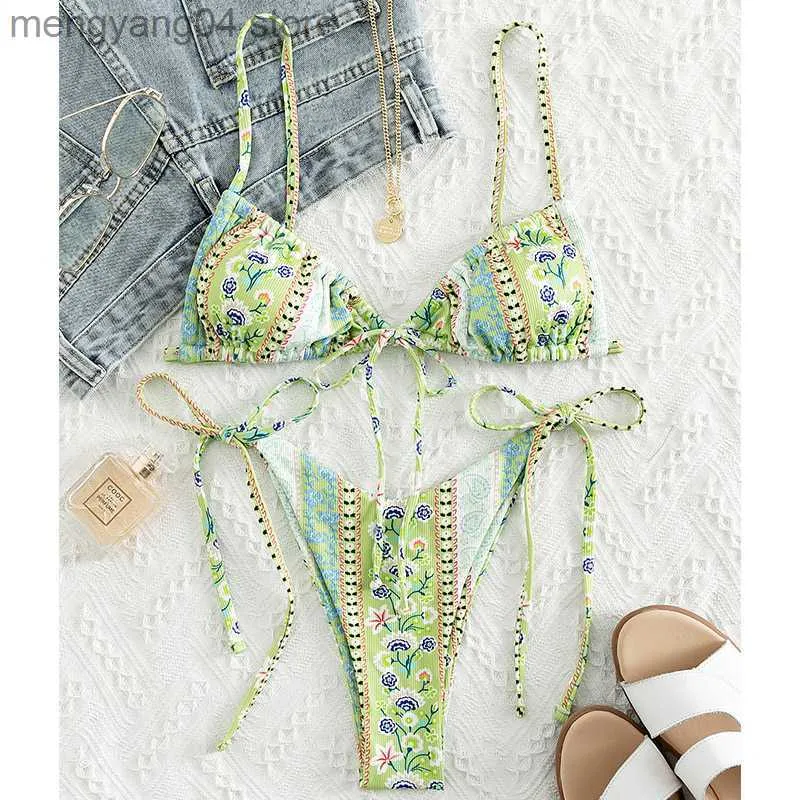 Maillots de bain pour femmes 2022 Floral Print String Bandage Bikini Set Maillots De Bain Femmes D'été Sexy Push Up Maillot De Bain Beachwear Halter Biqiuni Maillot De Bain T230524