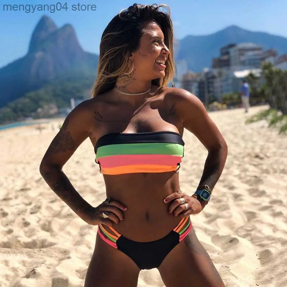 Women's Swimwear Women Bandeau Swimsuit Rainbow Bikini Set Female Push Up Bathing Suit Summer Bathers Biquini T230524