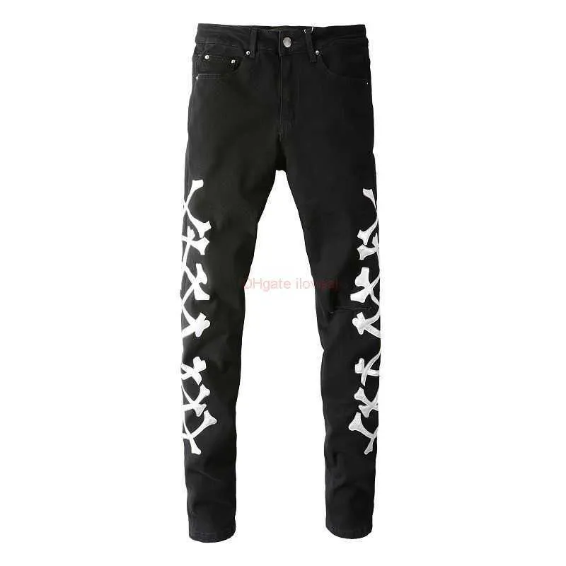 Дизайнерская одежда Amires Jeans Джинсовые брюки Amies Fashion Brand High Street Slp Silver Bone Splicing Leather Knife Cut Large Hole Slim Fit Small Foot Denim Pants Male D