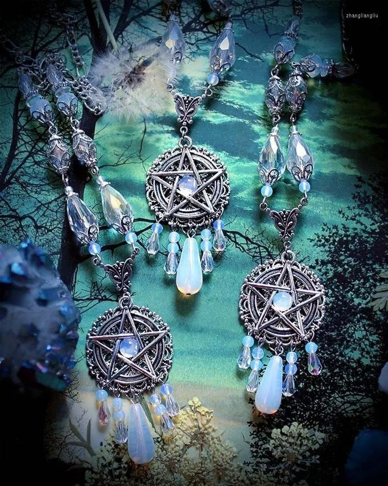 Hänge halsband Vita Pentakelhalsband Häxa smycken Pentagram Wiccan Pagan