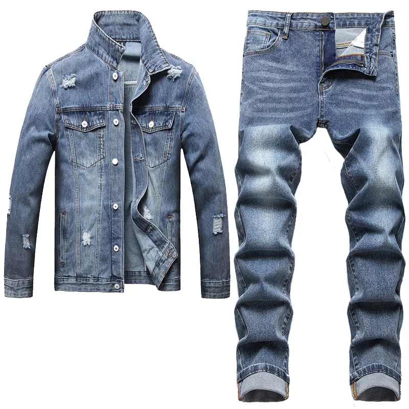 Light Blue Mens Denim Two Piece Set Hole Ripped Slim Fit Jacket Jeans Sets Male Casual Vintage Ropa Hombre Cargo Suit Streetwear