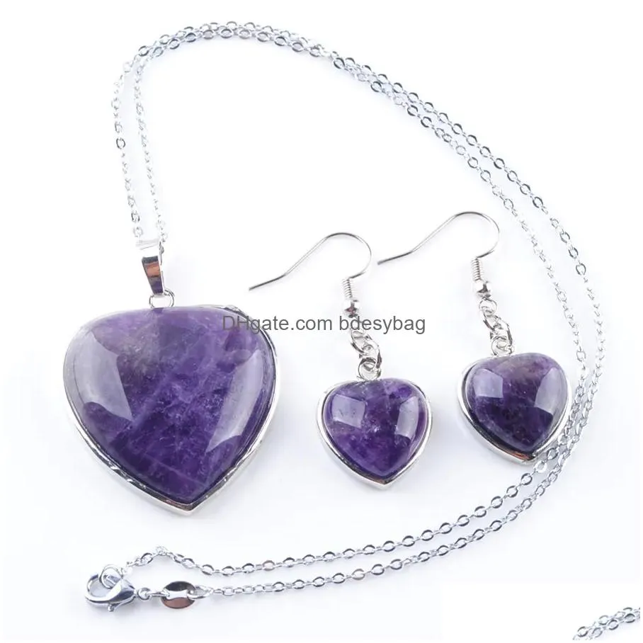 Earrings Necklace Jewelry Set For Women Pendant Hoop Party Love Heart Reiki Chakra Beads Stone Amethysts Agates Crystal Bq308 Drop Dhrtm