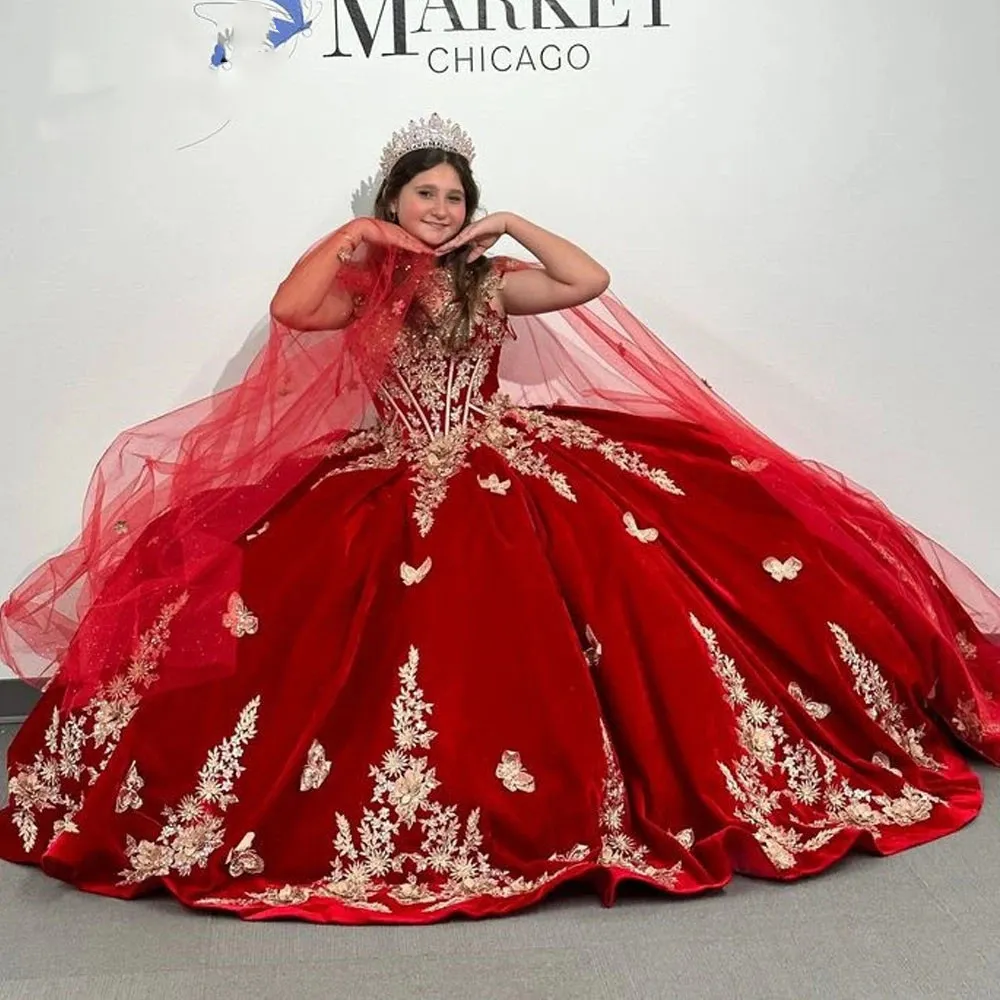 Sweetheart Red Velvet Red Sparkly Quince Dress With Beading Gold