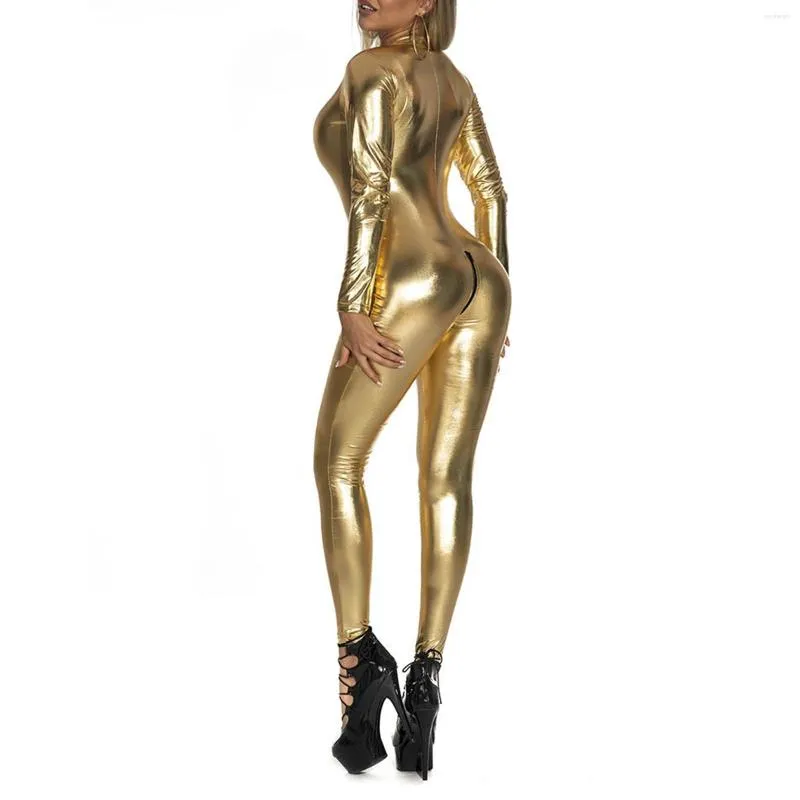 Gym Kleding Dames Metallic Shiny Patent Leather Catsuit kostuum één stuk lange mouw Bodysuit Clubwear ritssluiting kraag jumpsuit