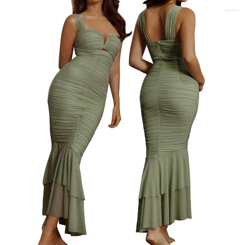 Casual Dresses Women Fishtail Hem Bodycon Long Dress Evening Party Summer Clothes 2023 Sleeveless Cutout Ruched Sexy Club Streetwear