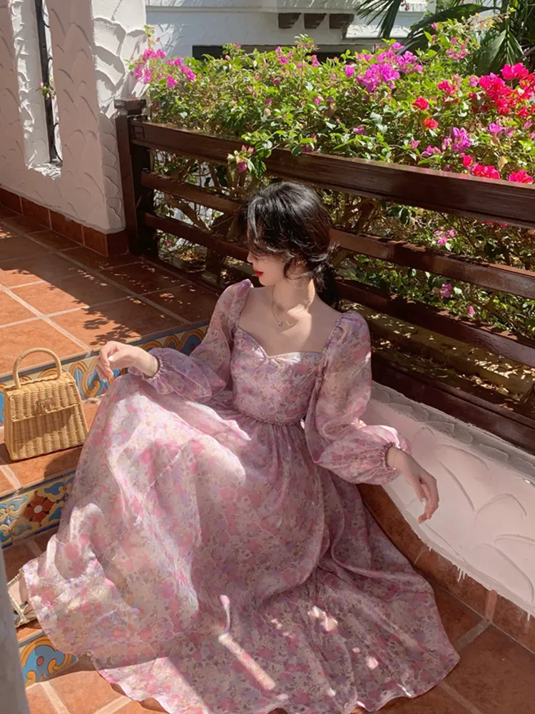 DHgate.com:Vintage Floral Midi Dress - Elegant Chiffon Fairy