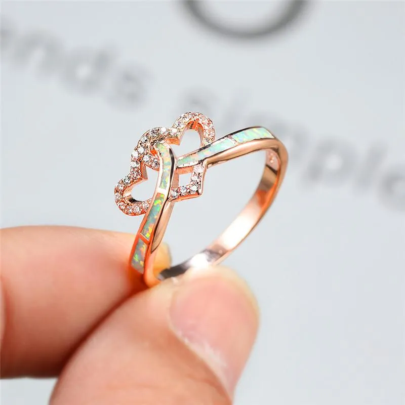 Wedding Rings Luxury Female White Crystal Stone Ring Classic Rose Gold Color For Women Charm Opal Love Heart Engagement RingWedding