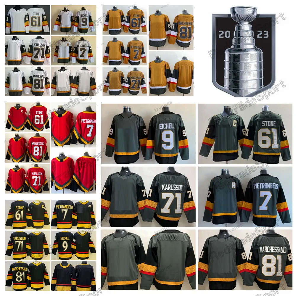 Finał Pucharu Stanleya 2023 61 Mark Stone koszulki hokejowe 7 Alex Pietrangelo 71 William Karlsson 81 Jonathan Marchessault 9 Jack Eichel Jersey męska odwrotna koszulka retro