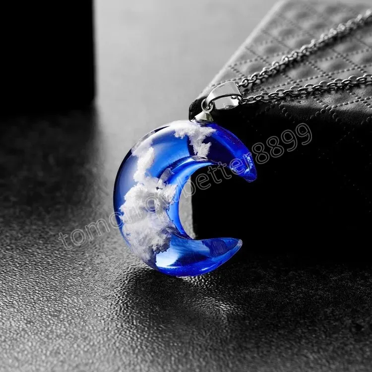 Cristal Verre Collier Lune Pendentif Bleu Ciel Blanc Nuage Transparent Résine Lune Pendentifs Colliers Femmes Mode Bijoux Cadeau