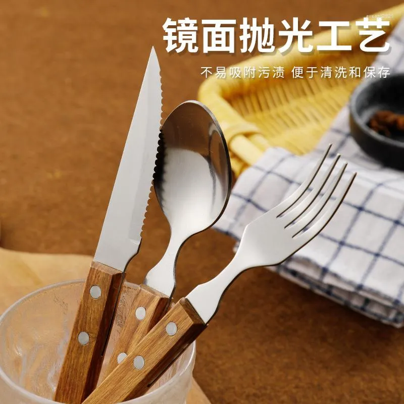 Dinnerware Sets Vintage Western Knife Fork Spoon Stainless Steel Tableware Steak Cutlery And Set Wooden