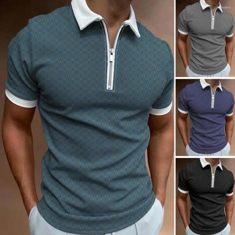 Heren Polos Men Summer Shirt Geometrische print Zipper Decor Pullover Top Slim Fit Korte mouwen Casual Soft Breathable Polyester